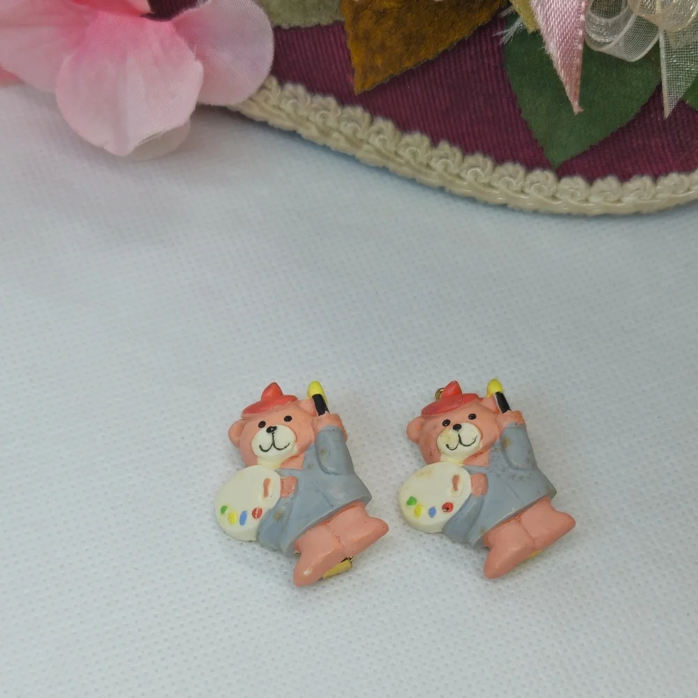 2 Vintage Pink Painter Artist Bear Hair Barrettes Tready Bear Hair Clips